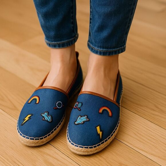 Coach Women’s Espadrille Flats Denim Embroidered Rainbow Rocket Retro Size 6B - Picture 1 of 13